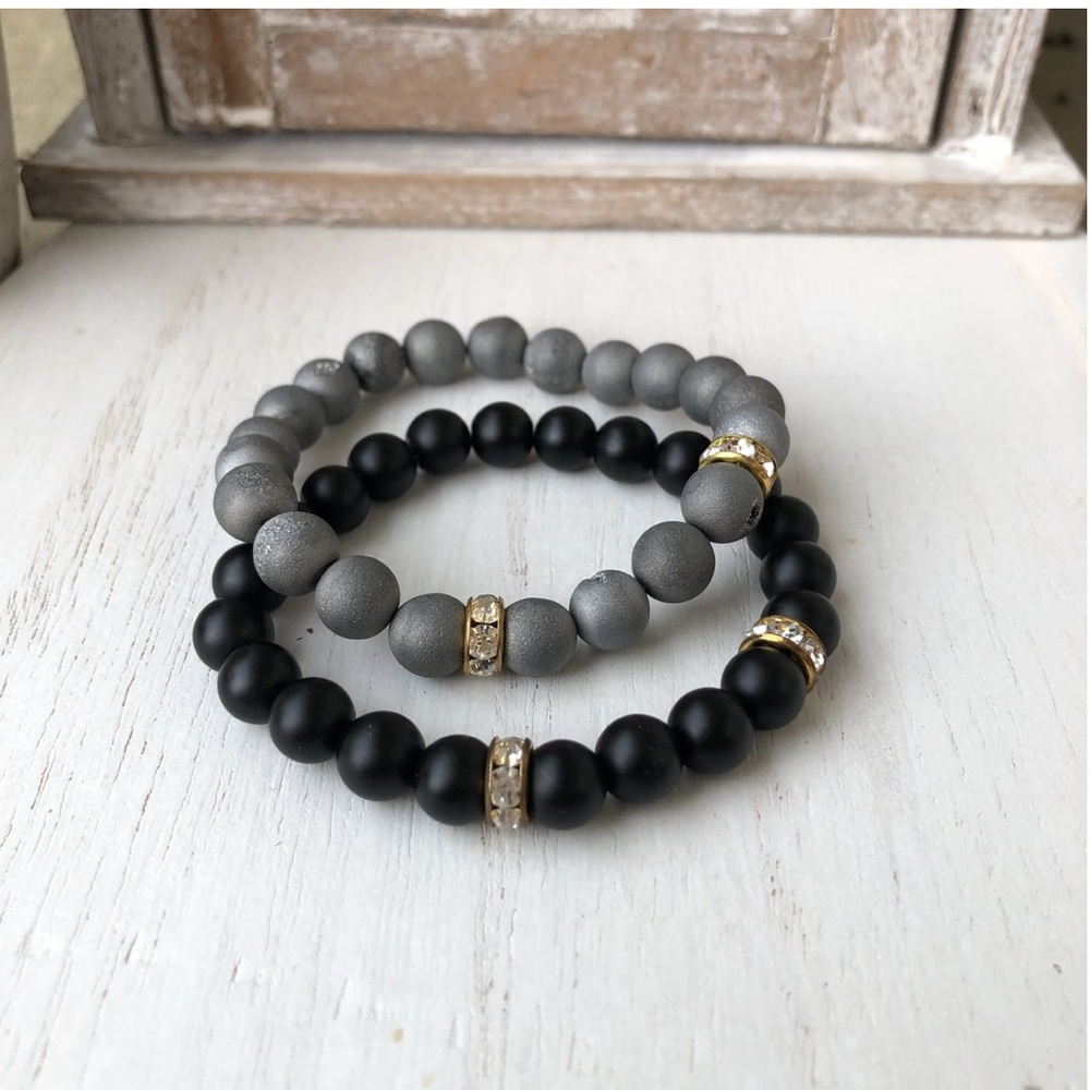 Silver Druzy Agate and Black Onyx Rhinestone Set